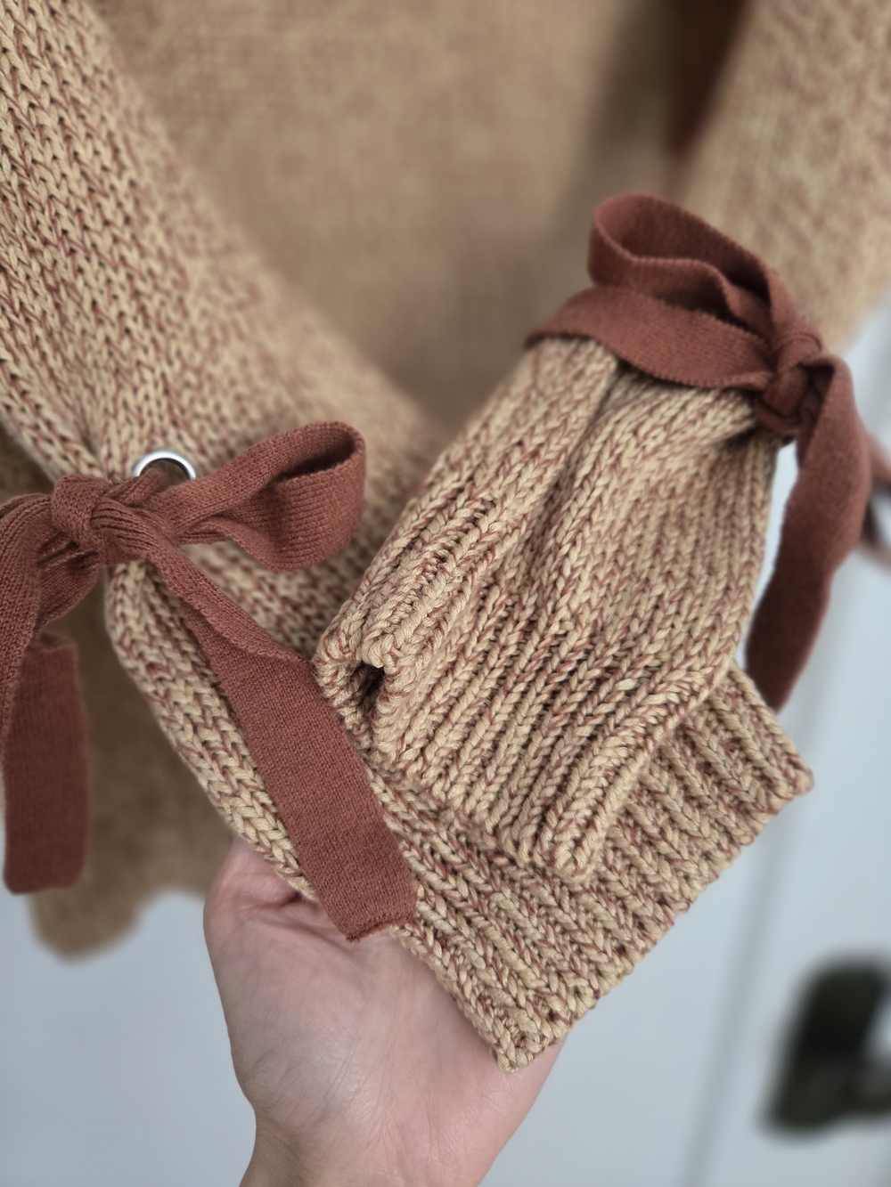 Francesca's Camel Brown Bow Tie-Accent Coquette Knit Sweater - Picture 4 of 8